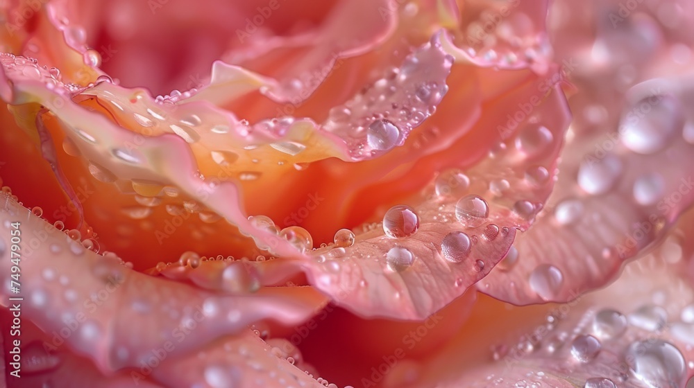 Macro shot of fresh dew drops adorning the delicate petals of a rose, showcasing the flower's vivid colors and intricate textures. Macro shot of fresh dew drops adorning the delicate petals of a rose, showcasing the flower's vivid colors and intricate textures.