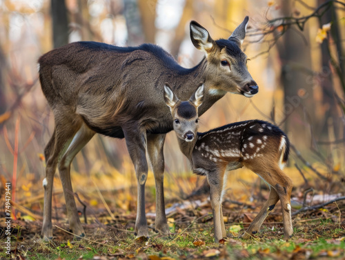 A mother deer and her fawn stand alert amidst the golden autumn leaves. photo