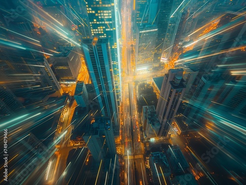 A dynamic and futuristic visualization of a city at night, portrayed with streaks of light symbolizing fast data transfer