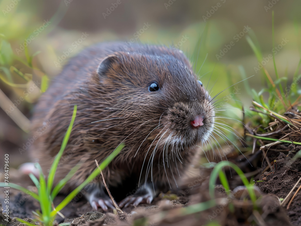 Lone vole with soft fur and keen eyes amidst grass and earth. Lone vole with soft fur and keen eyes amidst grass and earth.