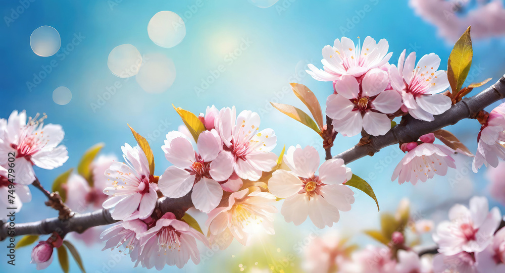 White sakura or cherry tree blossoms on a blue sky background with space for text.Springtime concept.Generative AI White sakura or cherry tree blossoms on a blue sky background with space for text.Springtime concept.Generative AI