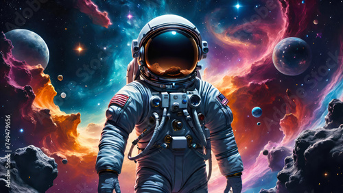 Astronaut in outer space against the backdrop of the planets.Space adventure, futuristic,galaxy exploration mission in outer space,sci-fi concept.Generative AI