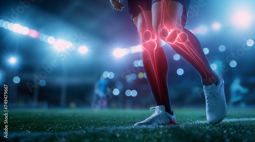 football player pain with injury at knee ankle during play football on competition match in stadium with team soccer, with red highlight with pain injury at transparent bone, sport medical concept © kunchainub