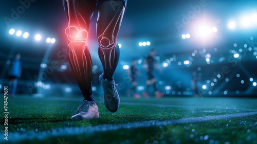 football player pain with injury at knee ankle during play football on competition match in stadium with team soccer  with red highlight with pain injury at transparent bone  sport medical concept
