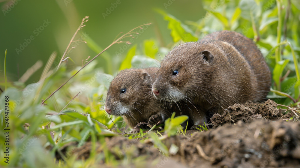 A pair of wet voles peek out from their burrow amidst lush grass. A pair of wet voles peek out from their burrow amidst lush grass.