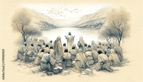 Jesus preaching in Galilee and gathering his disciples. Life of Jesus. Digital illustration. Watercolor style.