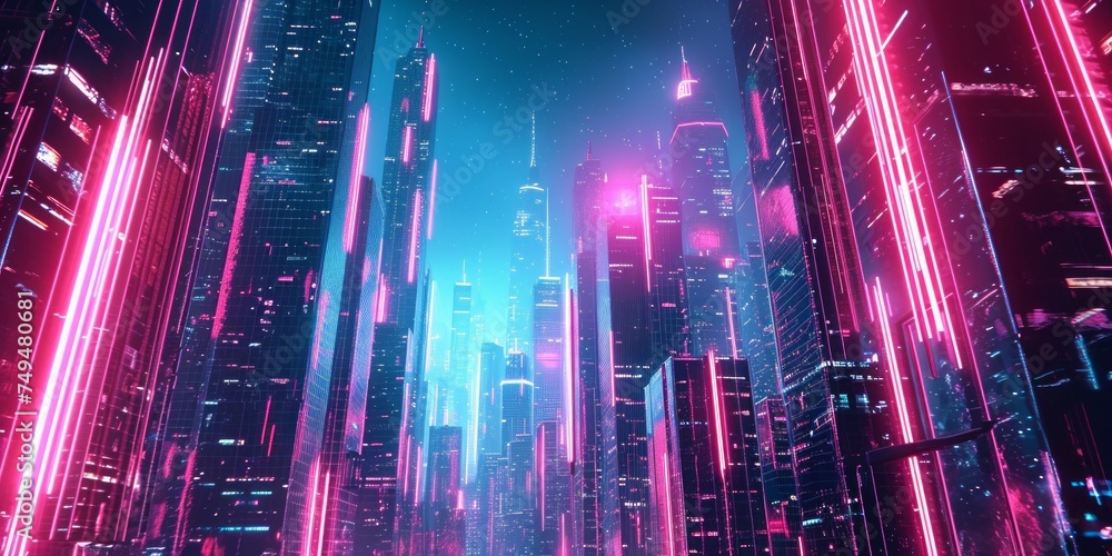 Fototapeta premium In a futuristic city, neon lights dance off the towering skyscrapers, casting an otherworldly glow over the bustling streets below.