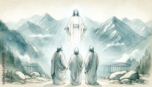 The greatest miracle: Transiguration of Jesus. llustration of Jesus appearing bright to Peter, James and John on a mountain. Digital watercolor painting. photo