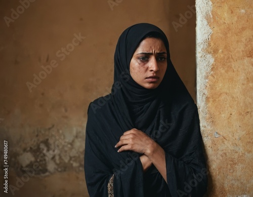 A woman wearing a white scarf and a brown jacket is standing in front of a wall. She looks sad and is staring at the wall