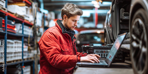 An automotive service manager or mechanic runs interactive diagnostic software on an advanced computer. A specialist inspects a car to detect faults in a repair shop