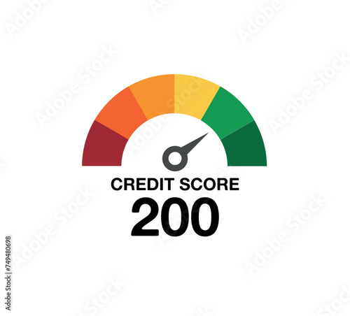 200 credit score. Design medidor de score. Speedometer gauge indicator or customer satisfaction metering graph.