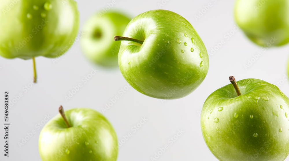 Green Apples Suspended in Air on a Light Cream Background Green Apples Suspended in Air on a Light Cream Background