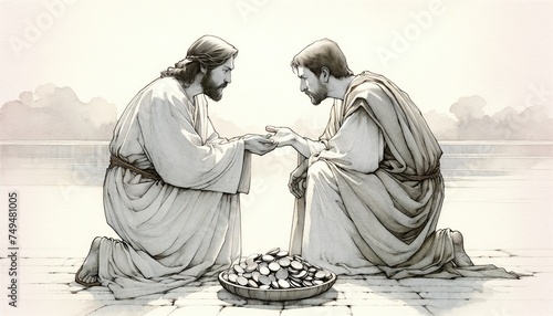 The betrayal of Judas. Judas agreeing to betray Jesus for thirty pieces of silver. Life of Jesus. Digital illustration.