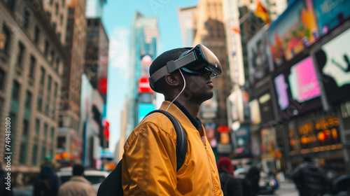 A young urbanite walks through the bustling city streets, immersed in the virtual world projected by their Apple VR headset. 