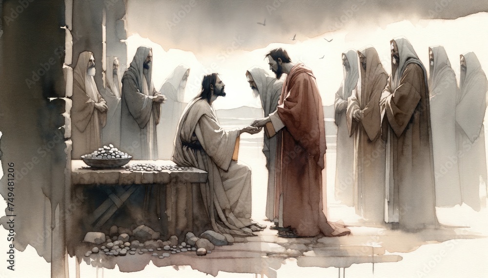 The betrayal of Judas. Judas agreeing to betray Jesus for thirty pieces ...