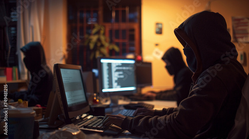 In the subdued lighting of a closed, dark office, figures clad in balaclavas are engrossed in their work, the faint glow of computer screens reflecting off their obscured faces as