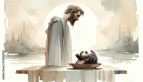 The Feast of Herod. The head of John the Baptist on a platter. Watercolor digital painting.