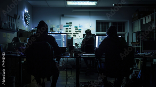 Amidst the shadows of a closed office, men wearing balaclavas are seated at their workstations, the faint glow of computer screens casting a ghostly light on their concealed faces