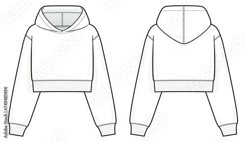 Kids Hoodie technical fashion illustration. hoodie vector template illustration. front and back view. oversized. drop shoulder. unisex. white color. CAD mockup.