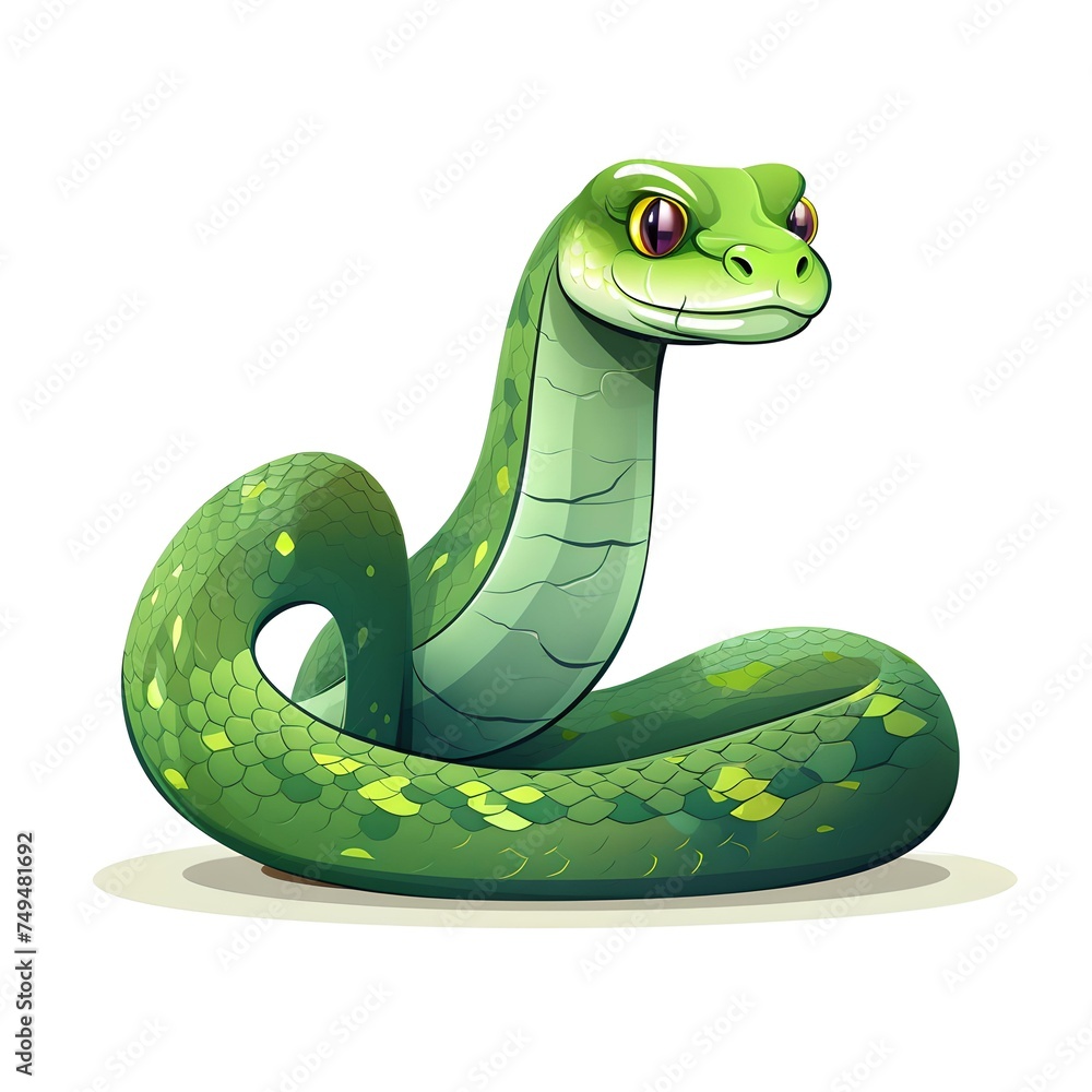 Fototapeta premium Friendly green cartoon python with a playful expression sitting coiled