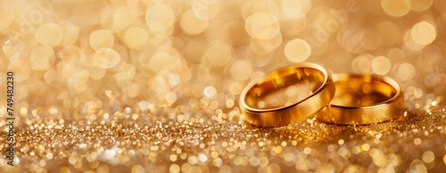 Wedding gold rings on golden background with shadows. Aesthetic invitation concept, horizontal background, copy space for text, 