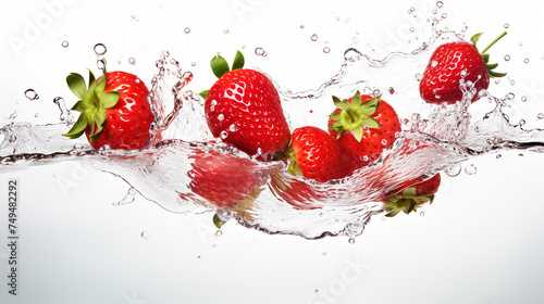 Fresh Strawberries in water splash on white background.