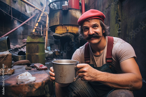Hipster with curly mustache and a mug of drink. Craft worker in small business taking rest with a cup.
