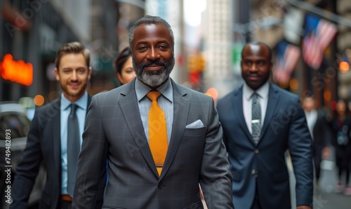 A team of interracial business people in suits walking among business buildings in urban city