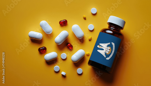 White medical pills and tablets in a drug bottle with flag Louisiana. Macro top down view with copy space. Medicine and healthcare concept