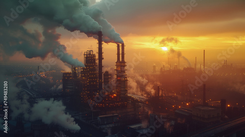 oil refinery at sunset