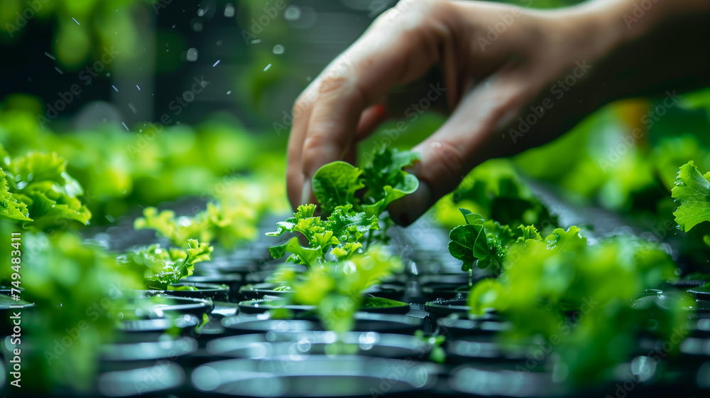 hydroponics growing process, human hand with green sprout hydroponics growing process, human hand with green sprout