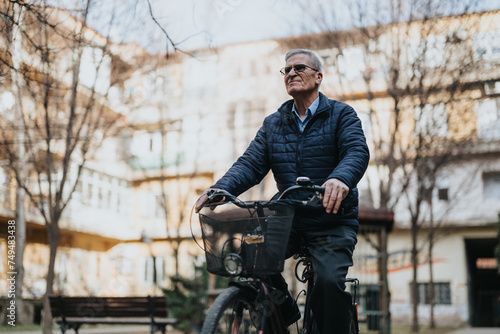 A mature, active senior gentleman cycling confidently on his bike through a tranquil urban park, embracing an active lifestyle.