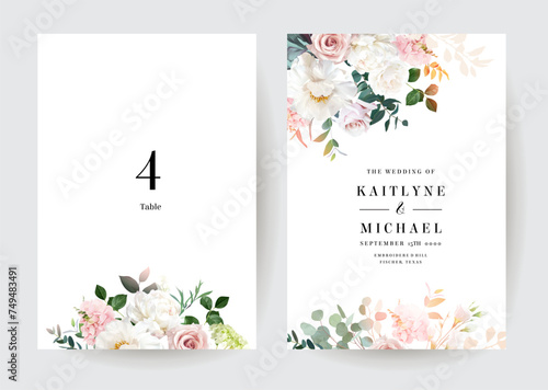 Light pink rose, white peony, magnolia, blush ranunculus, eucalyptus, greenery, fern vector design frames.