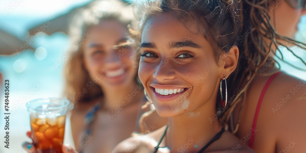 Obraz premium couple enjoying a cocktail or soda, smiling woman on the beach on a sunny day