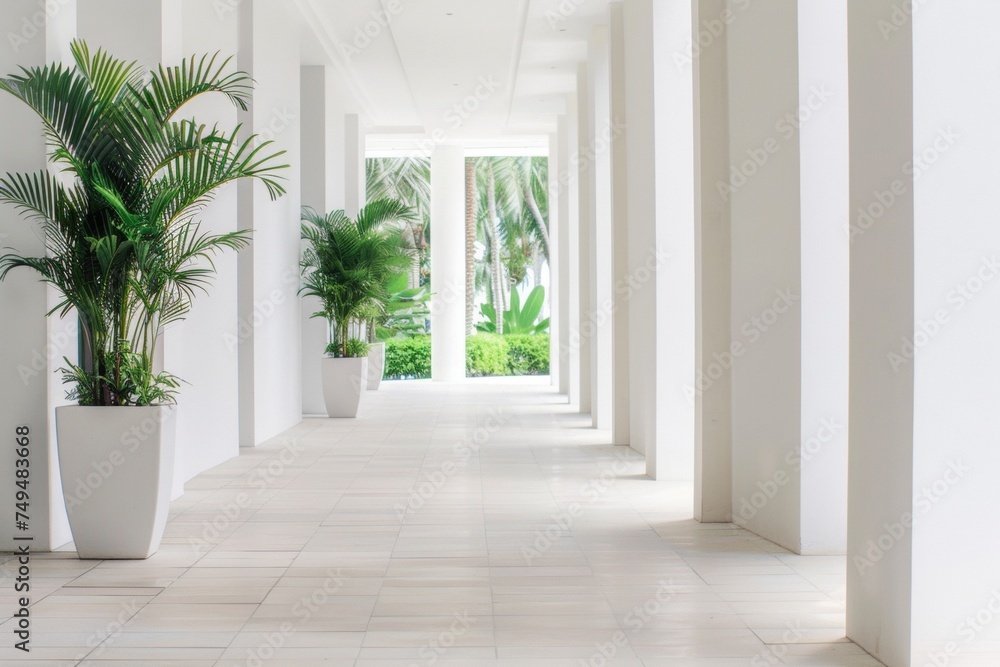 Fototapeta premium Bright White Outdoor Corridor with Potted Plants