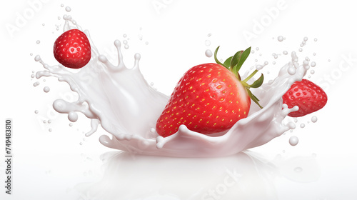 Fresh Strawberries in Milk or yogurt splash on white background.