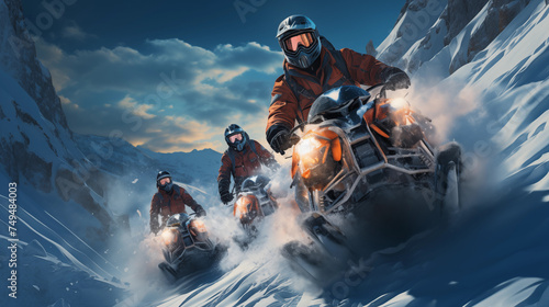 Group of people riding a snowmobile in the mountains