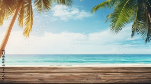 Seascape with waves  palm leaves  a blue sky with clouds  and an empty wooden floor.