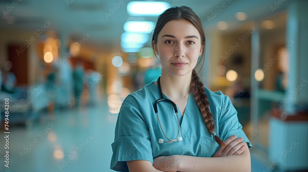 Portrait of woman wearing blue doctor uniform and stethoscope at hospital. Portrait of woman wearing blue doctor uniform and stethoscope at hospital.