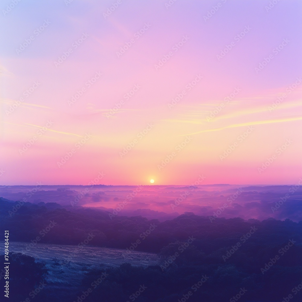 A vibrant digital sunrise over a hilly landscape, ideal for use in peaceful April Fools' Day communications or as a soothing background.
