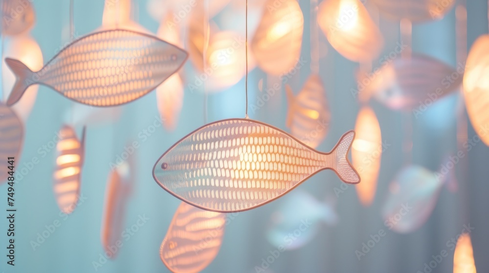 A serene display of fish-shaped pendants hanging against a soft, light blue background, creating a calming visual suitable for spa or wellness center decor or a peaceful April Fools' Day background - obrazy, fototapety, plakaty 