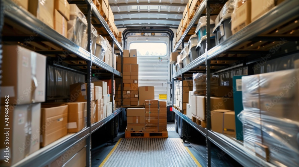 Interior shot of a delivery vehicle loaded with stacked cardboard boxes and packages, depicting logistics and shipping operations. Interior shot of a delivery vehicle loaded with stacked cardboard boxes and packages, depicting logistics and shipping operations.