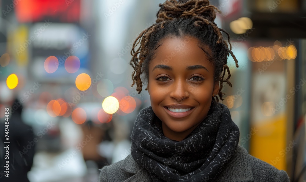 Portrait of a happy African American woman smiling on urban streets Portrait of a happy African American woman smiling on urban streets