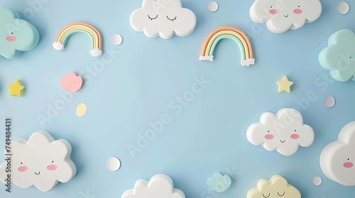Soft cartoon clouds and miniature rainbows on a light blue background, suitable for a cheerful and whimsical April Fools' Day children's event.