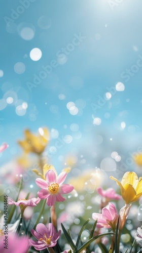 A soft-focus scene of vibrant spring flowers with a clear blue sky in the background  suitable for a fresh and calming April Fools  Day creative design.
