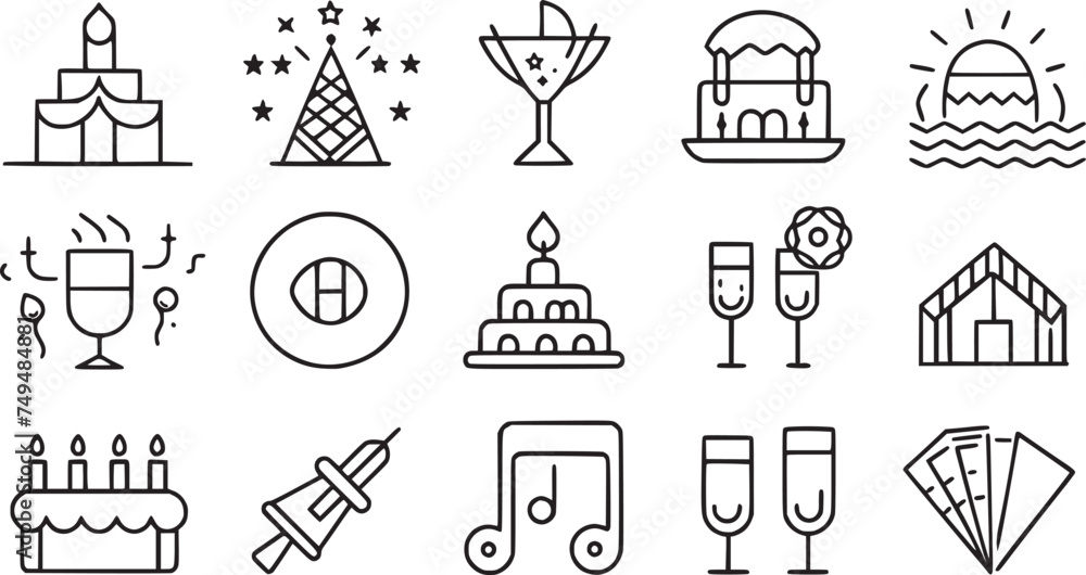 Obraz premium Holiday party, event, celebrate, entertainments Icons set vector collections.