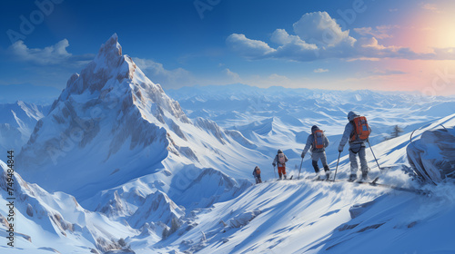 Group of mountain climbers at the snowy mountain © Bhanuka
