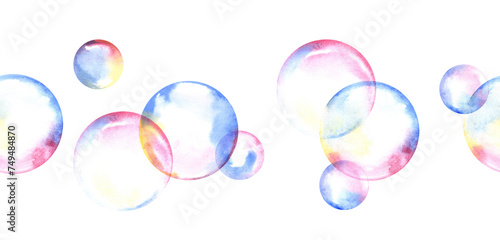 Horizontal seamless border with watercolor Soap bubbles