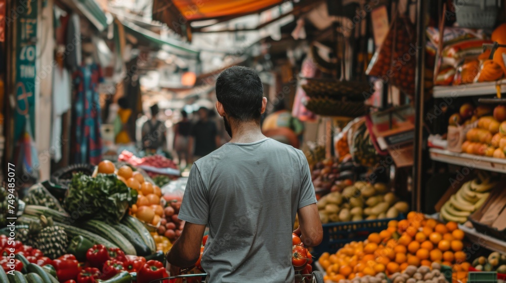 A young man browsing through a vibrant selection of fresh fruits at a lively outdoor market. A young man browsing through a vibrant selection of fresh fruits at a lively outdoor market.