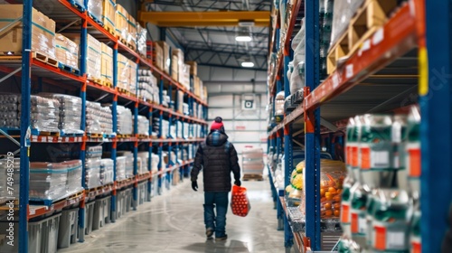 Person walking through a warehouse store aisle, browsing various bulk items stacked high on shelves, carrying a red basket.